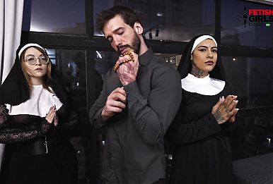 Two perverted and very hot nuns with a priest with a big dick