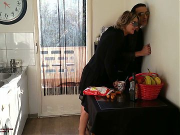 Neighbors fucks, stepmom gives ass to stepson in the kitchen