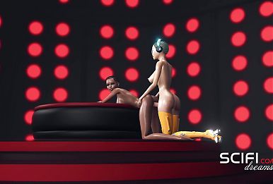 Sci-Fi lights. 3d hot female android shemale plays with a horny black girl in the space station